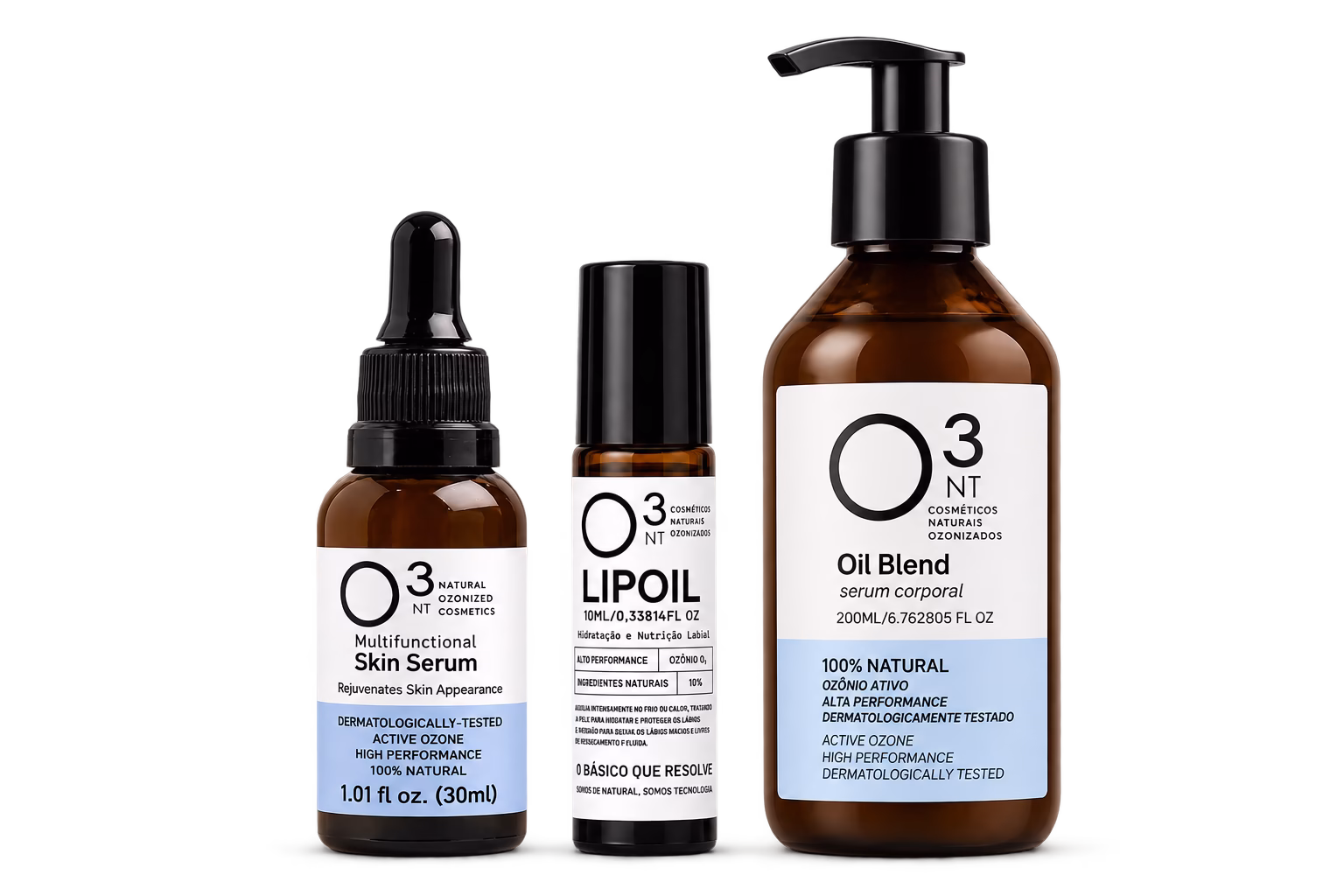 Produtos O³NT lado a lado: Skin Serum multifuncional, Lip Oil e Oil Blend corporal
