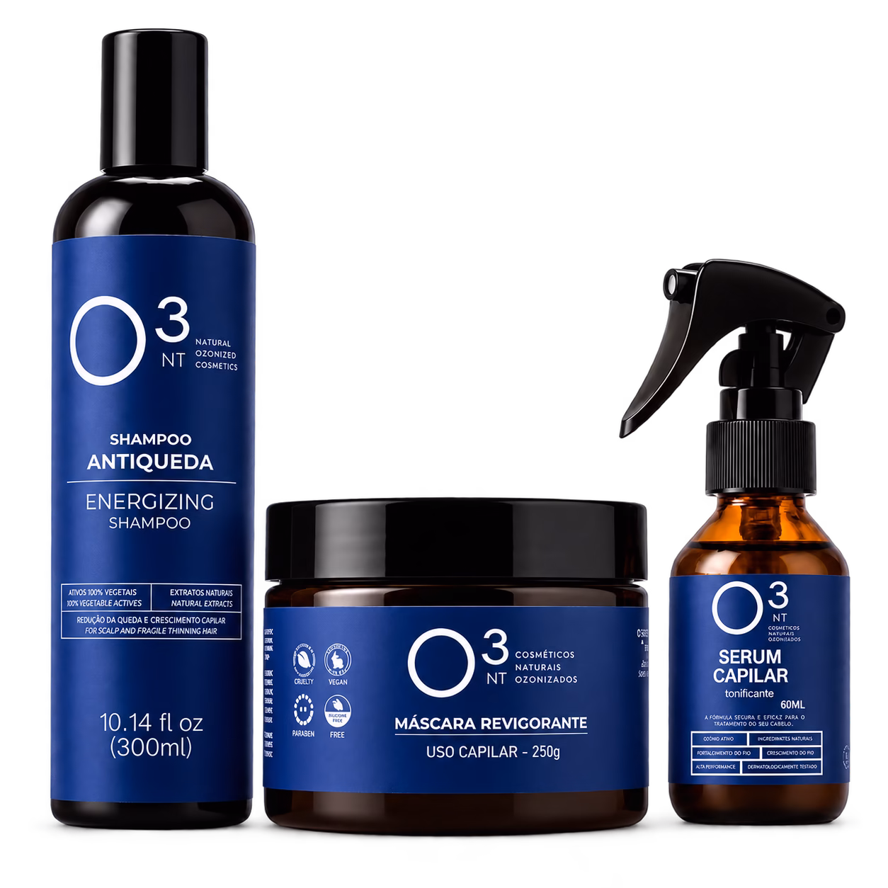 Kit O³NT linha clássica: shampoo antiqueda de 300 ml, máscara revigorante de 250 g e sérum capilar de 60 ml